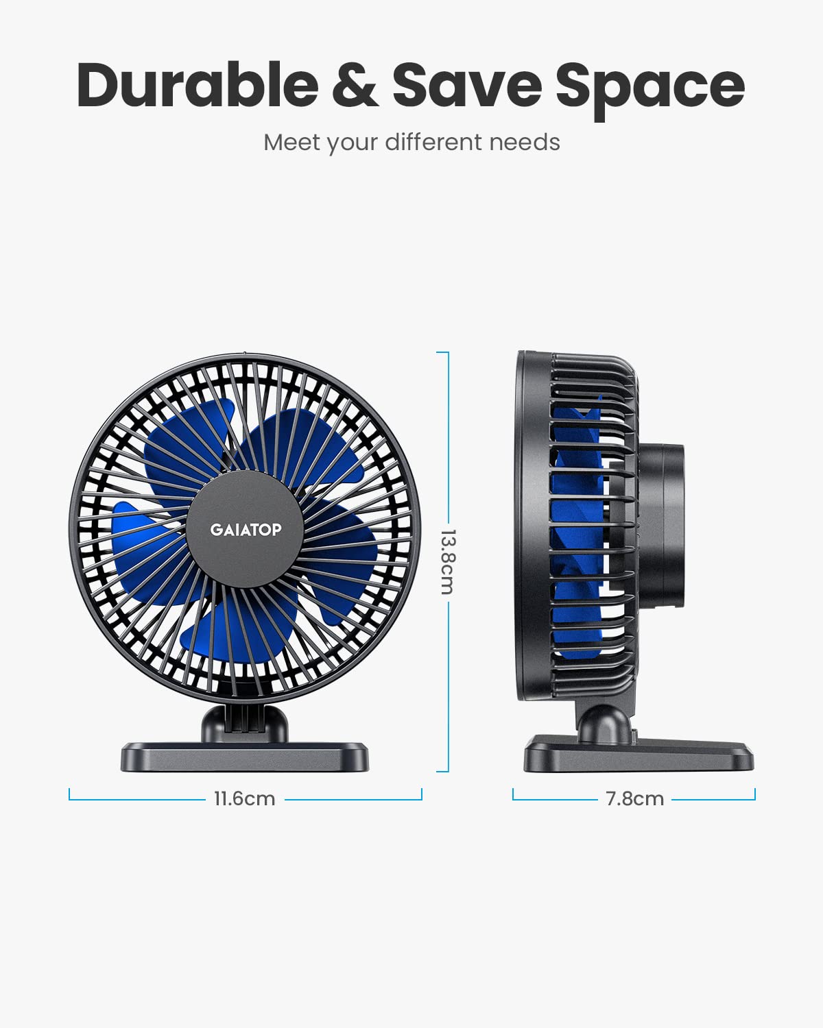 gaiatop USB Desk Fan, Small But Powerful, Portable Quiet 3 Speeds Wind Desktop Personal Fan, Adjustment Mini Fan for Better Cooling, Home Office Car Indoor Outdoor Blue