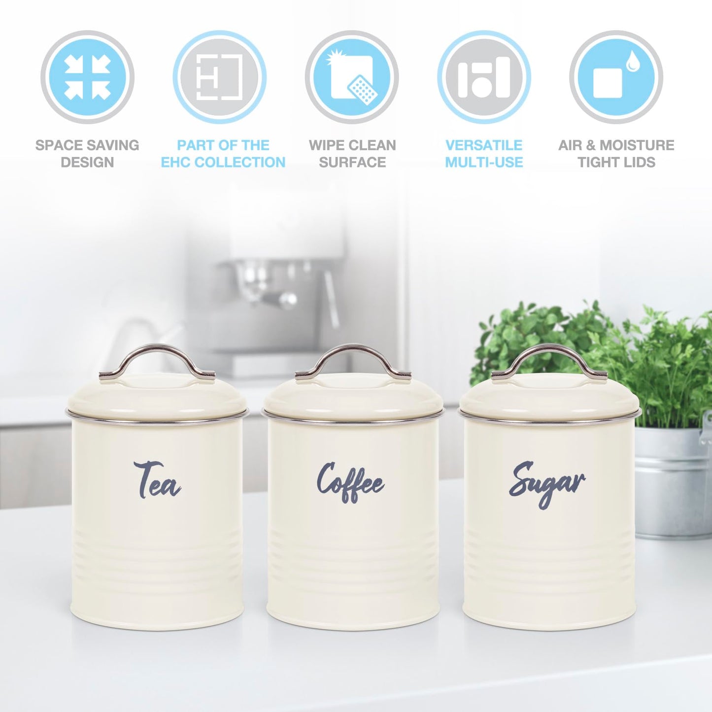 EHC Tea, Coffee, Sugar, Canister Set, Set of 3 Airtight Food Storage Easy to Open Storage Cansiters Jars Tin, Cream