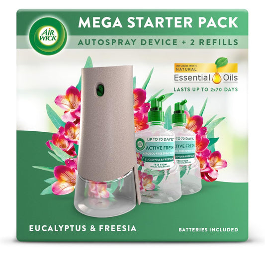 Air Wick Aerosol-Free Automatic Air Freshener Spray Starter Kit, Eucalyptus, 1 gadget, 2 Refills & 2 AA Batteries, 24x7 Active Fresh Odour Neutraliser, Lasts Up to 140 days Eucalyptus & Freesia