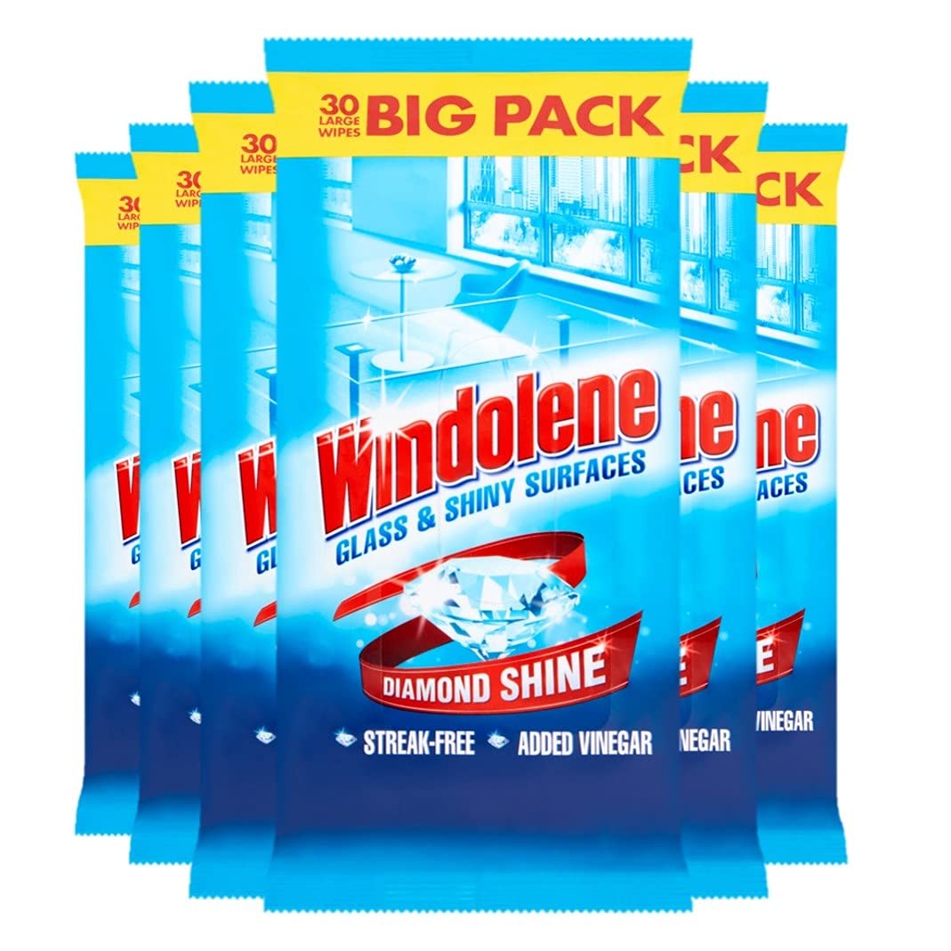 Windolene Glass & Shiny Surfaces 30 Wipes - Pack of 6 | Streak-Free Cleaning for Windows, Mirrors, Cars | Window cleaner & Glass cleaner