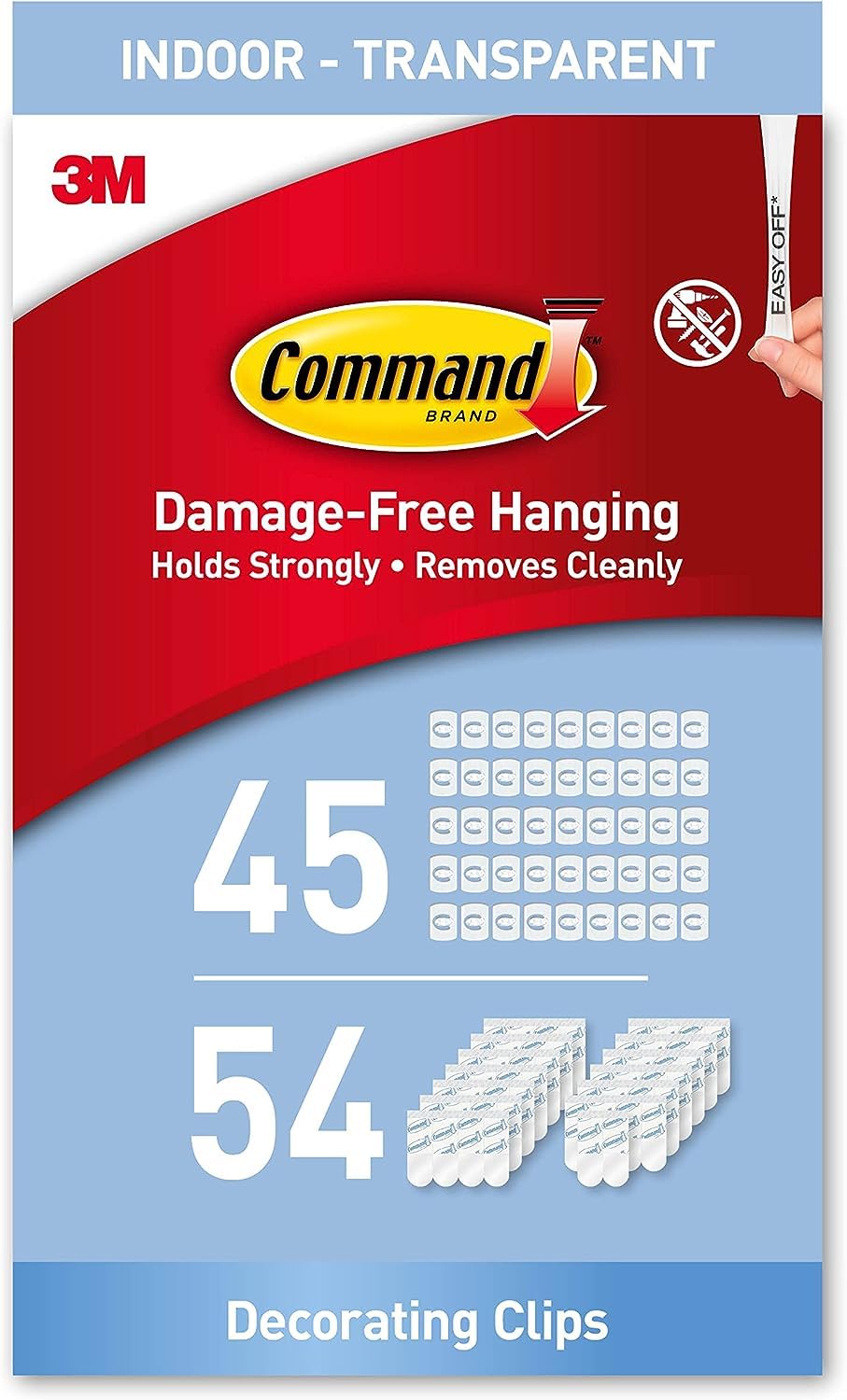 Command Clear Decorating Clips, Value Pack of 45 Transparent Clips and 54 Small Adhesive Strips - Little Hooks for Decorations and Fairy Lights - Damage Free Hanging Decorating clips - value pack Single