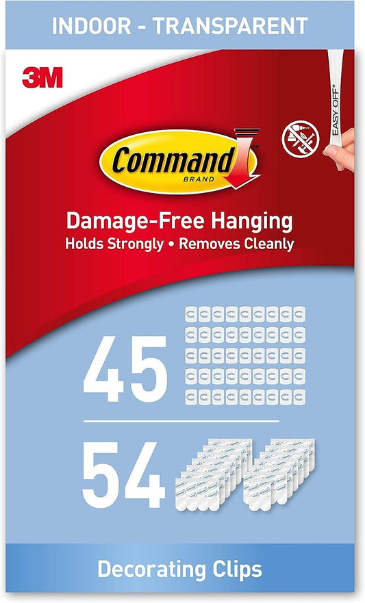 Command Clear Decorating Clips, Value Pack of 45 Transparent Clips and 54 Small Adhesive Strips - Little Hooks for Decorations and Fairy Lights - Damage Free Hanging Decorating clips - value pack Single