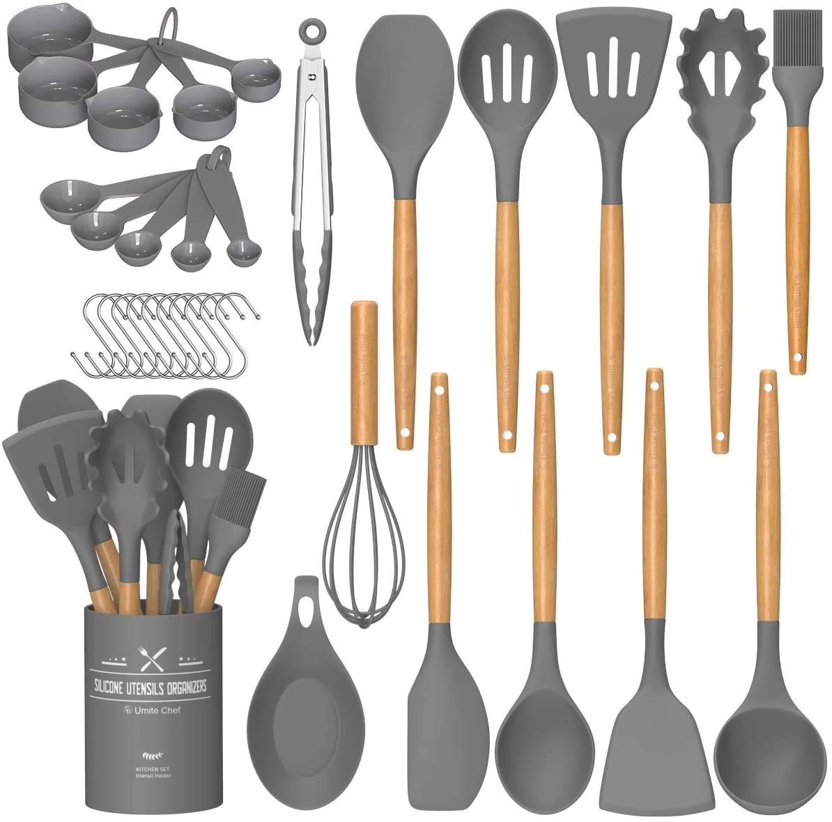 Umite Chef Kitchen Cooking Utensils Set, 24 pcs Non-Stick Silicone Cooking Kitchen Utensils Spatula Set with Holder, Wooden Handle Heat Resistant Silicone Kitchen Gadgets Utensil Set (Gray) Grey