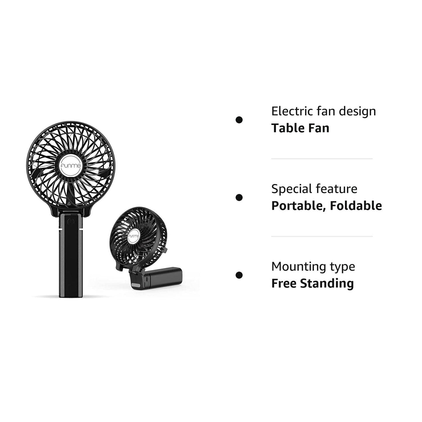 Funme HandHeld Fan Portable Hand Fan [ LIFETIME SERVICE] with 6 Blades Rechargeable Battery 3 Speeds 180° Foldable Powered Personal Mini Fan Cooling Desktop Fans for School Travel Camping Black