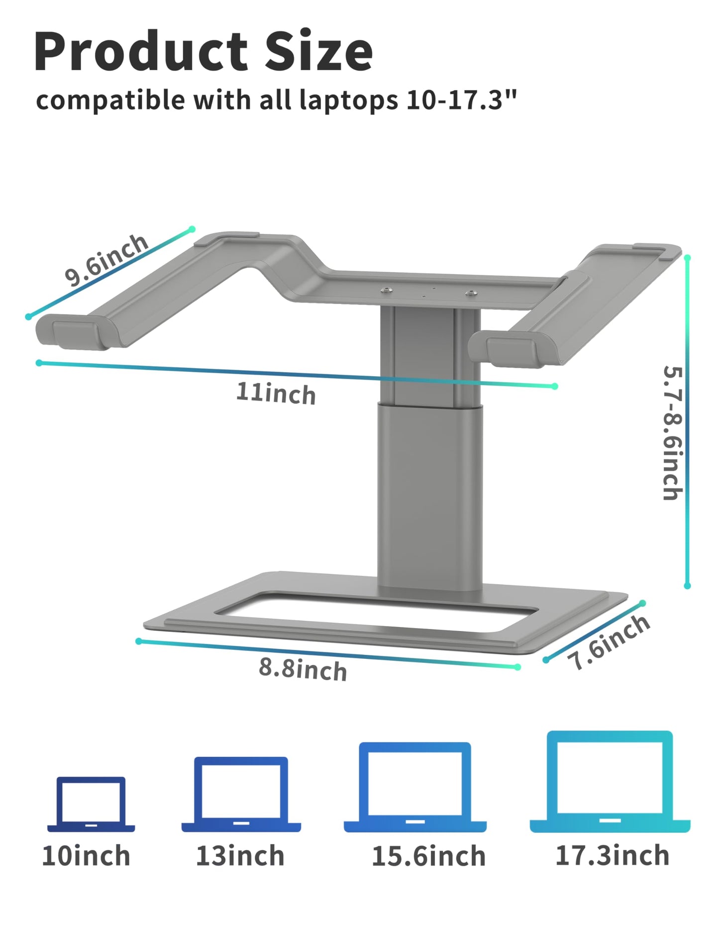 SOUNDANCE Adjustable Laptop Stand for Desk, Computer Stand, Ergonomic Laptop Riser Holder Compatible with 10 to 17.3 Inches Notebook PC Computer, Aluminum Grey