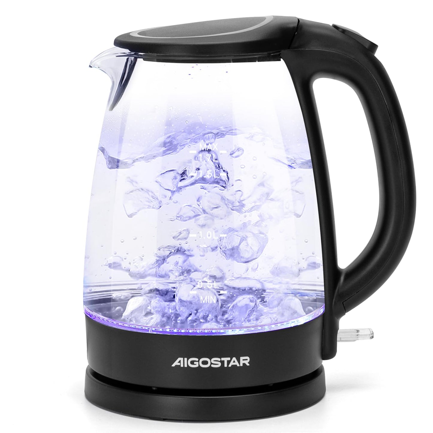 Aigostar Adam 30KHH - Glass Water Kettle with LED Lighting, 2200 Watts, 1.7 Liter, Boil-dry Protection, BPA Free, Black