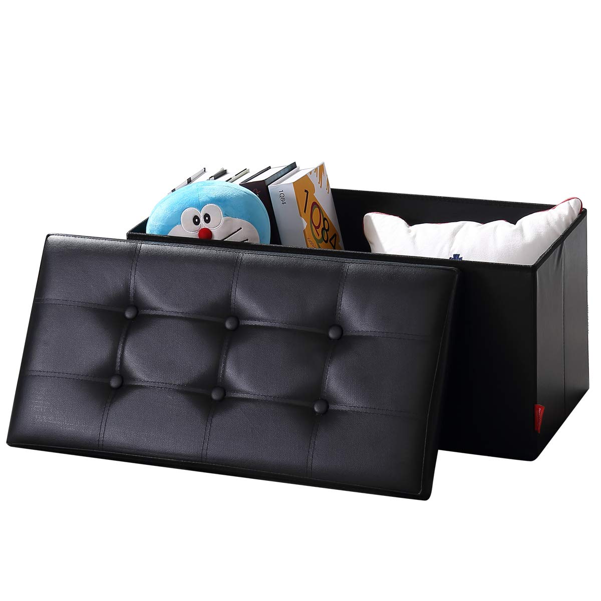 BRIAN & DANY Folding Ottoman Bench Storage Box with Lid, Large Storage Seat Faux Leather Footstool Toy Storage Box, Black, 76 x 38 x 38 cm 76x 38x 38 cm