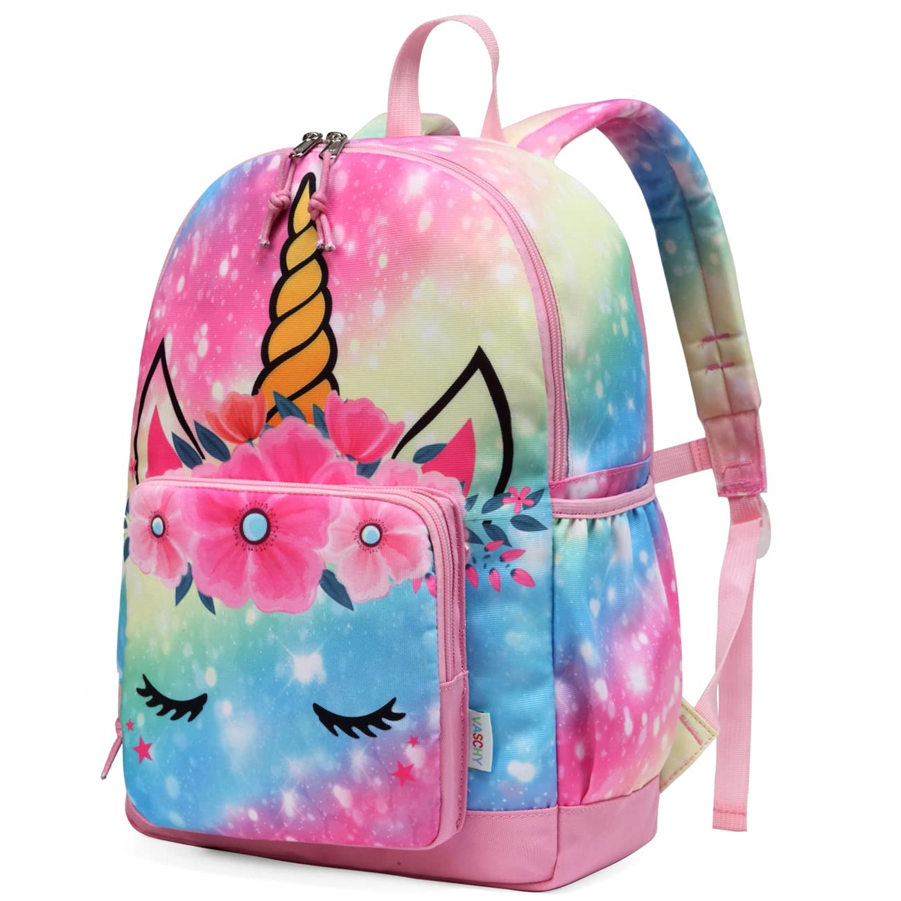 VASCHY Girls Backpack, 13L Kids Backpack Water Resistant School Bag 4-6 Years Toddler Rucksack Children's Backpack with Elastic Water Bottle Pockets for Elementary School(Rainbow Unicorn) Rainbow Unicorn