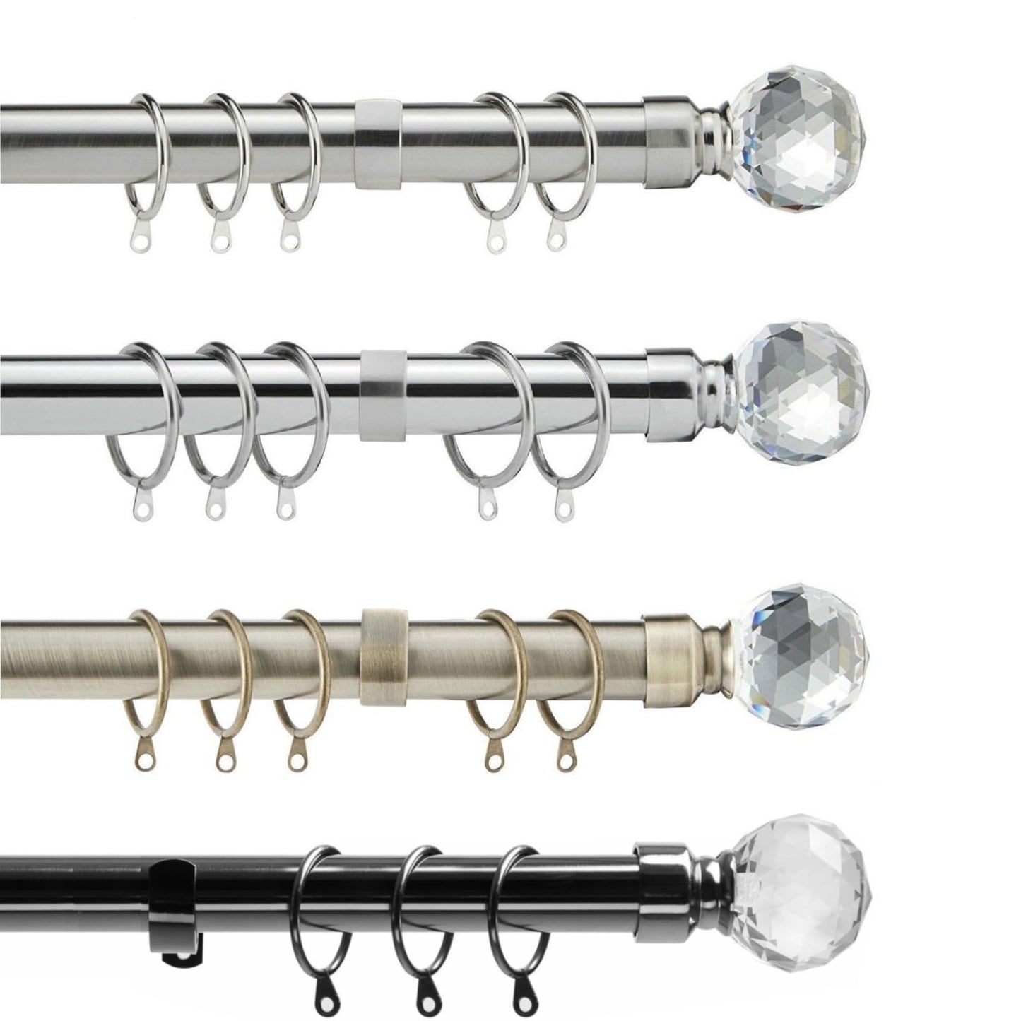 Extendable Curtain Pole | Crystal Metal Curtain Pole Set 25mm | Includes Rings, Finials, Brackets & Fittings (40cm to 218cm, Chrome) 40cm to 218cm