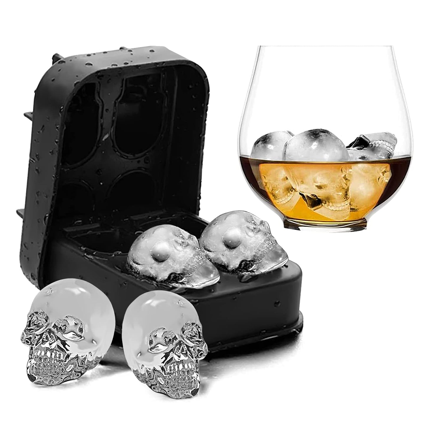 3D Skull Shape Shapes Black BPA Free Silicone Ice Cube Mold Tray with Lid Makes 4 Vivid Skulls, Perfect for Whiskey, Cocktail and Any Drink