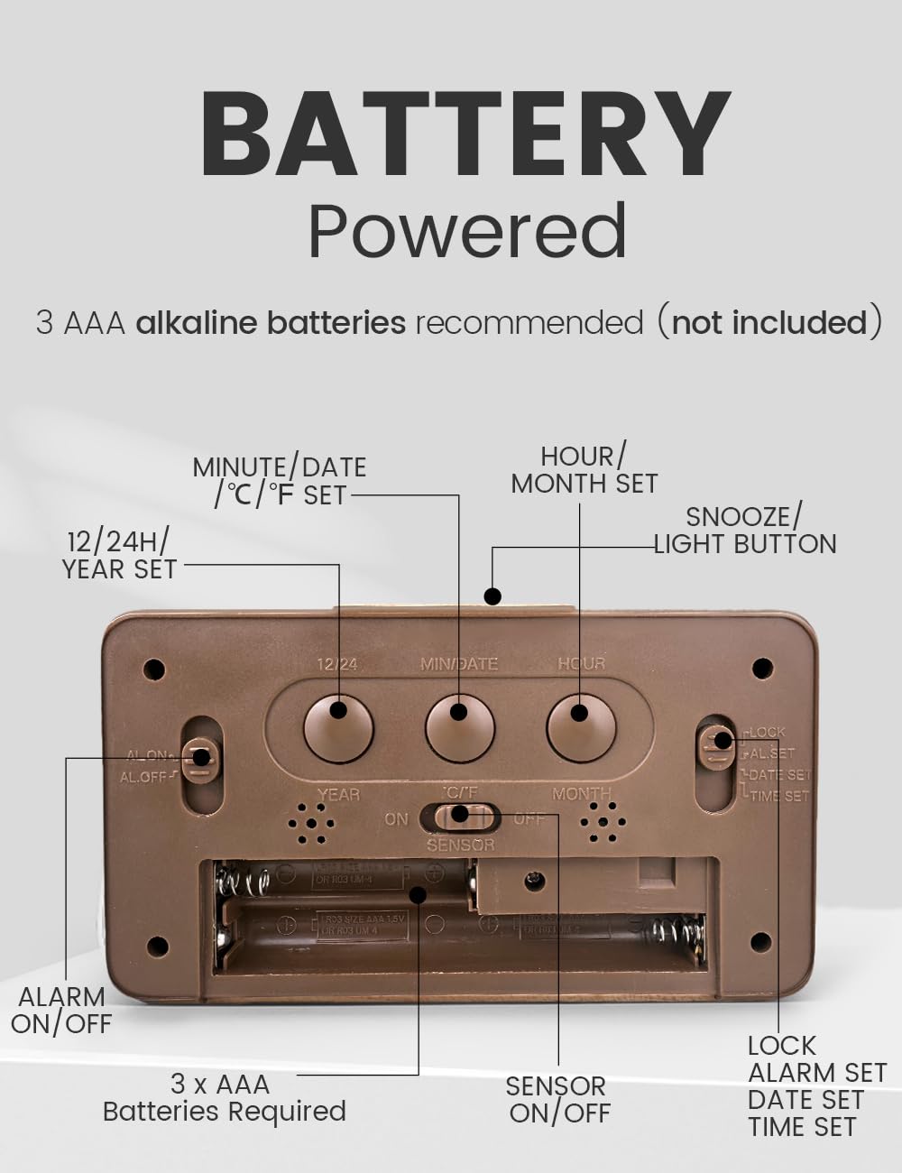 aboveClock Digital Alarm Clock, Wooden Bedside Clock with Large LCD Backlit Display, Temperature, Snooze Function, Brightness Sensor, 3 AAA Battery Operated【Battery NOT Included】 1 Beech