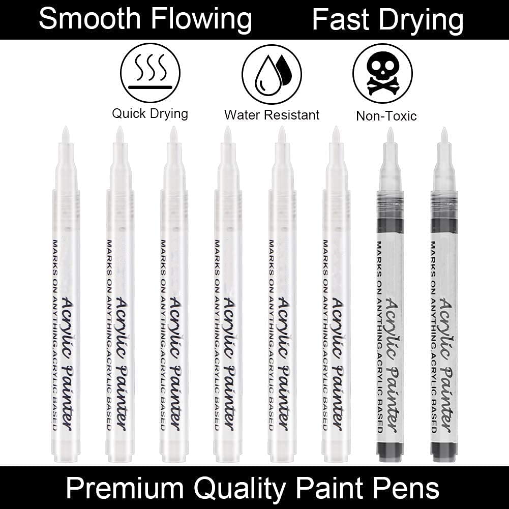 White Marker Pen, 8 Pack 0.7mm Acrylic Paint Pen white permanent marker for Rock, Wood, Fabric, Glass, Canvas, Wood, Permanent Water Based, Extra-fine Tip (6 white & 2 black) B-6 white + 2 black