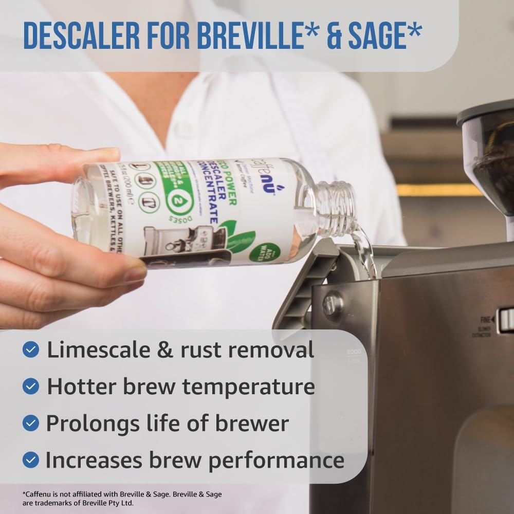 Caffenu Descaling Solution for Sage Machines (2 bottles - 4 Uses). Universal Descaler Compatible with Sage, Nespresso & All Other Espresso Machines. Removes Limescale