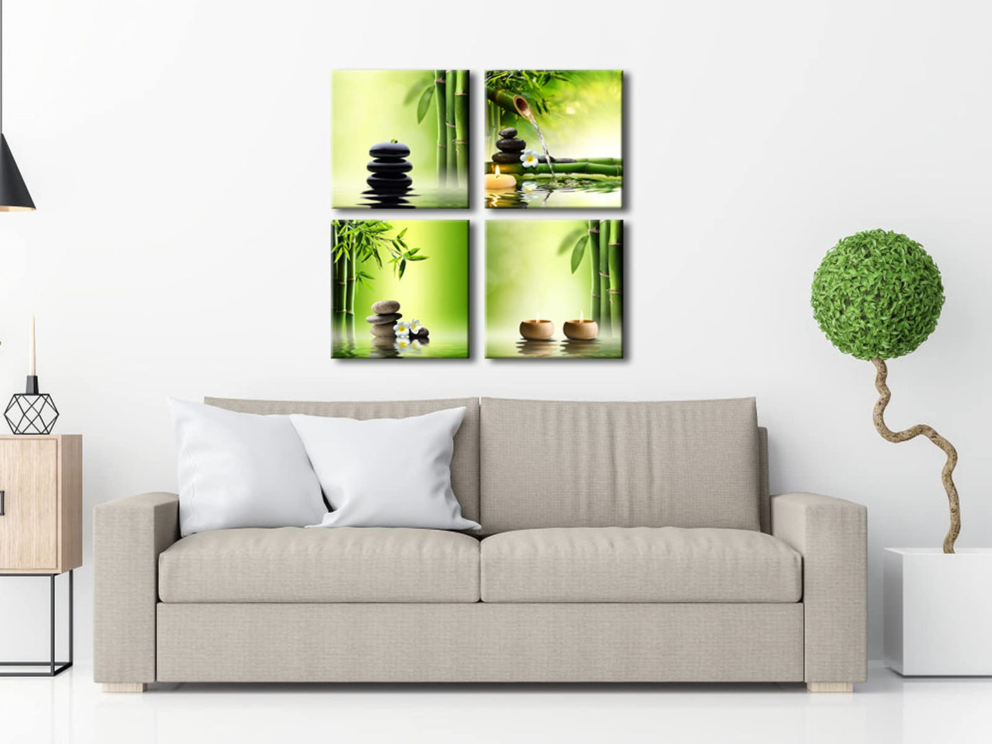 Wieco Art - Modern 4 Panels Stretched and Framed Contemporary Zen Giclee Canvas Prints Perfect Bamboo Green Pictures Paintings on Canvas Wall Art for Home Office Decorations Living Room Bedroom 12x12inchx4pcs