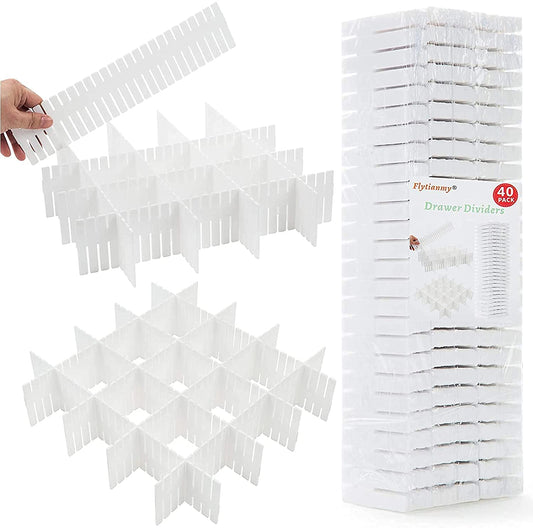 Flytianmy 40pcs Drawer Dividers Adjustable Drawer Storage Organizer for Clutter Kitchen Cutlery Dresser Makeup Tools Socks Can Help Tidy Office Desk Clinic Bedroom 40pcs White