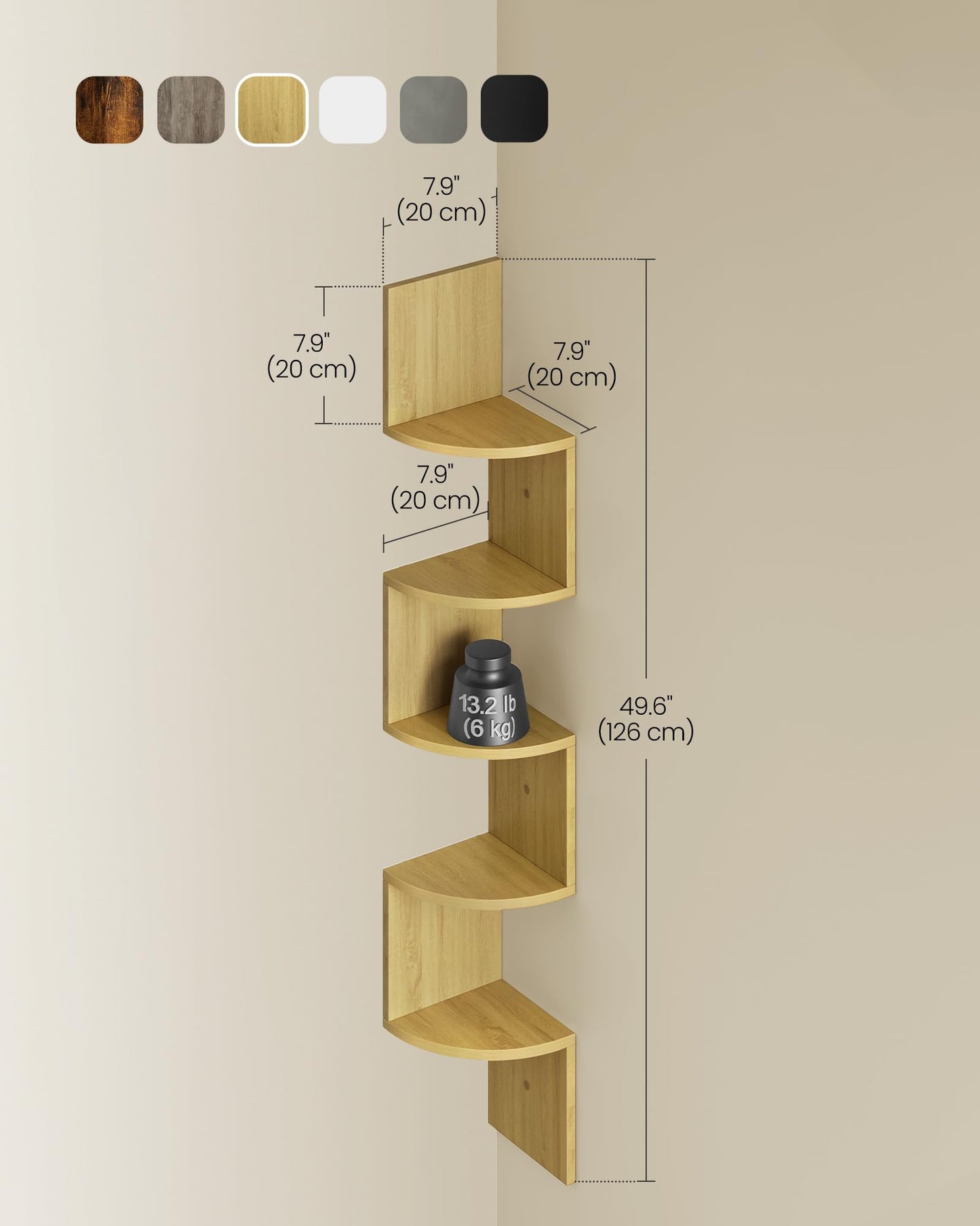 VASAGLE 5-Tier Corner Shelf, Wall Shelf, Display Floating Shelf in Living Room, Study, Kitchen, Bedroom, for Plants, CDs, Decorations, Modern, Natural Oak