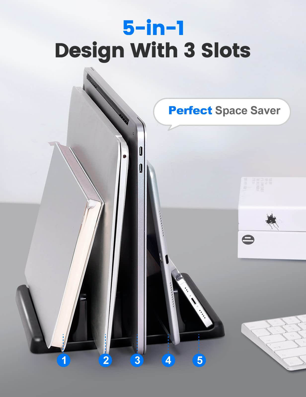 VAYDEER Vertical Laptop Stand 3 Slots, Laptop Holder for Desk with Adjustable Width, Office Desktop Tablet Stand Space Saving, Fit All MacBook/Microsoft Surface/Samsung/HP/Dell/Chromebook/Phone-Black Triple Slots