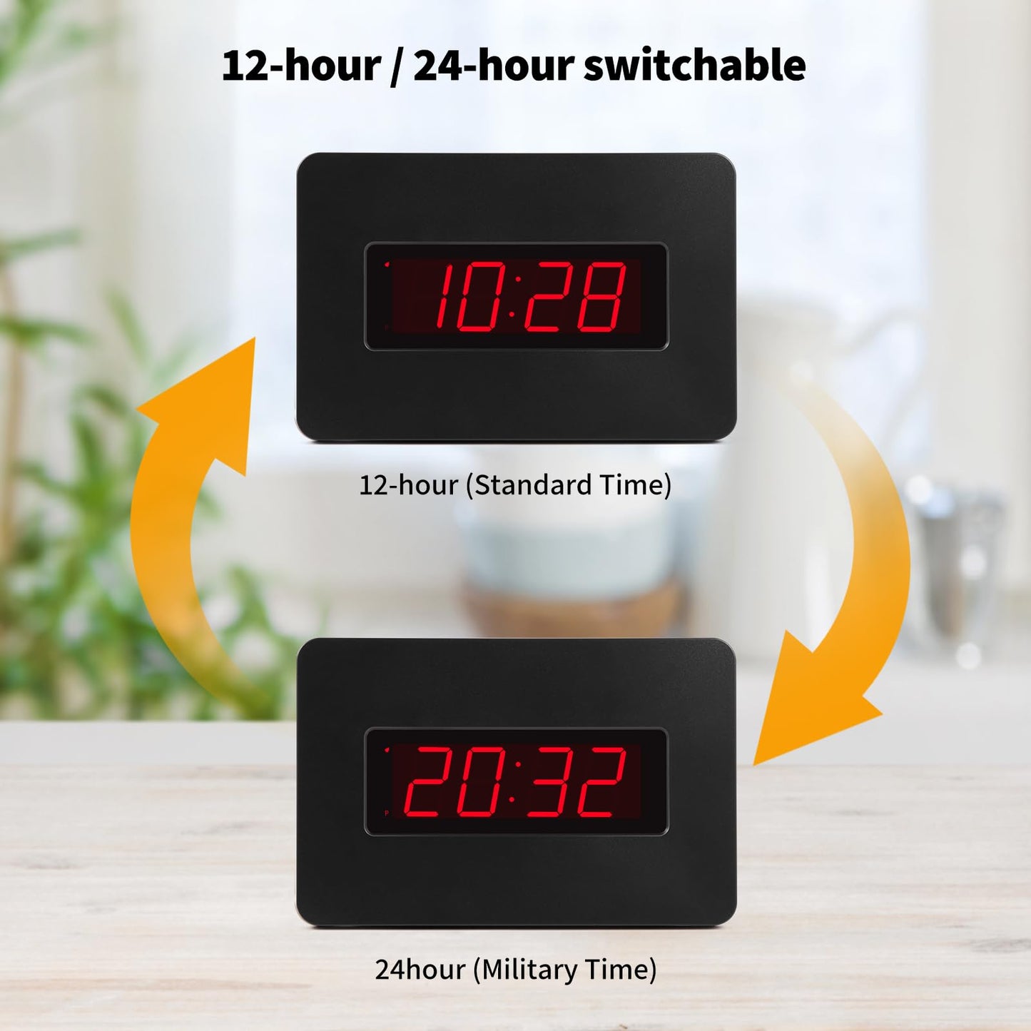 Timegyro Digital Wall Clock Battery Operated with LED Display, Wall Clock with Backlight, Table-top, Alarm, Brightness Adjustable,12/24Hr Black