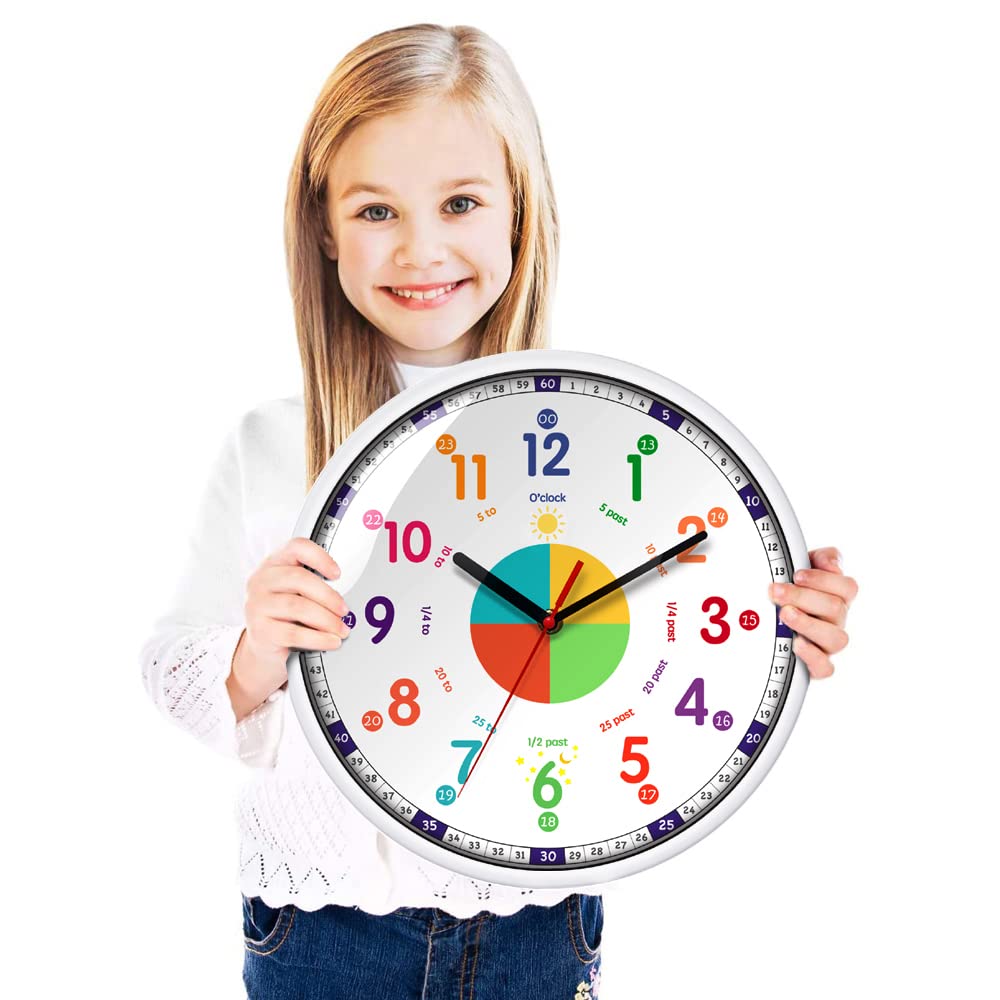 EMITDOOG Time Teacher Wall Clock Learn To Tell The Time Wall Clock Colorfull Non Ticking For Kids,Girls,Boys Classroom,Bedroom,Living Room,Nursery12inch Colorful 12 Inch