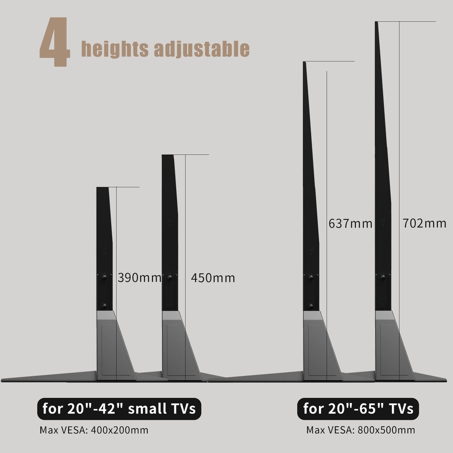 Suptek Universal TV Stand 65 inch, Metal TV Legs for 20-65 inch LCD/LED/OLED/Plasma Flat&Curved Screen TV Height Adjustment with VESA 75x75mm to 800x500mm Max 50kgs/110lbs TV Feet