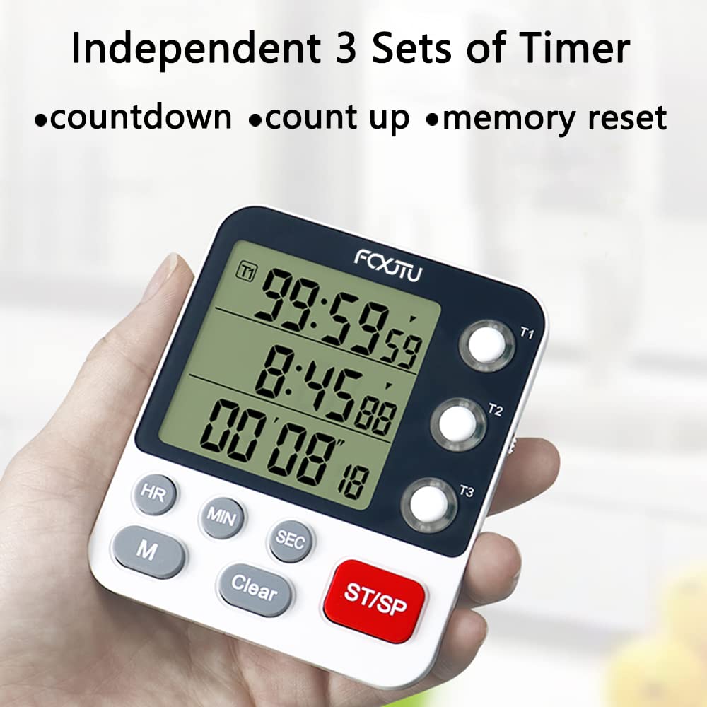 FCXJTU Digital Dual Triple Kitchen Timer, 3 Channels Count UP/Down Stopwatch Timer, Dual Cooking Timer, Large Display, Loud Volume Alarm and Flashing Light with Magnetic Back, Stand, Battery Included YS318