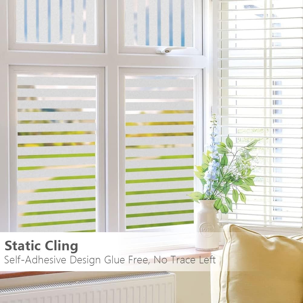 Qualsen Window Film Privacy, Frosted Window Film Stripe Window Film Privacy Window Film Self Adhesive Static Glass Window Film Window Cover for Office, Home, Kitchen (60 x 200 cm, Wide Stripe) 60 x 200 cm