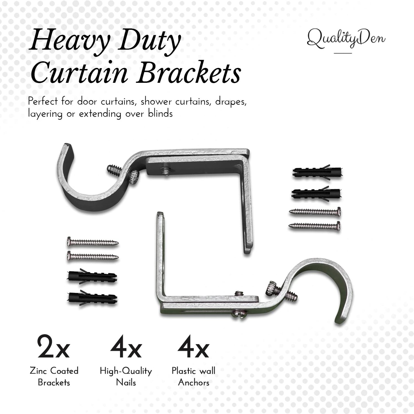 QualityDen Curtain Pole Brackets 2Pcs with Adjustable Length of 9 - 12cm - Metal Curtain Rod Brackets Set with Screws for Poles, Wall Rod-Heavy Duty & Rust Resistant (Silver) Silver