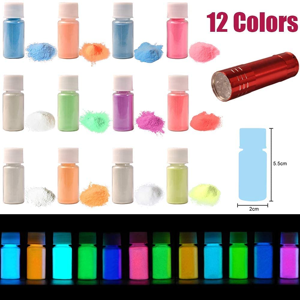 Glow in The Dark Powder 12 Colors Epoxy Resin Dye Luminous Pigment Powder Safe Long Lasting for Fine Art, DIY Nail Art, Epoxy Resin Colorant, Acrylic Paint, DIY Crafts and Theme Party, 0.7oz Each