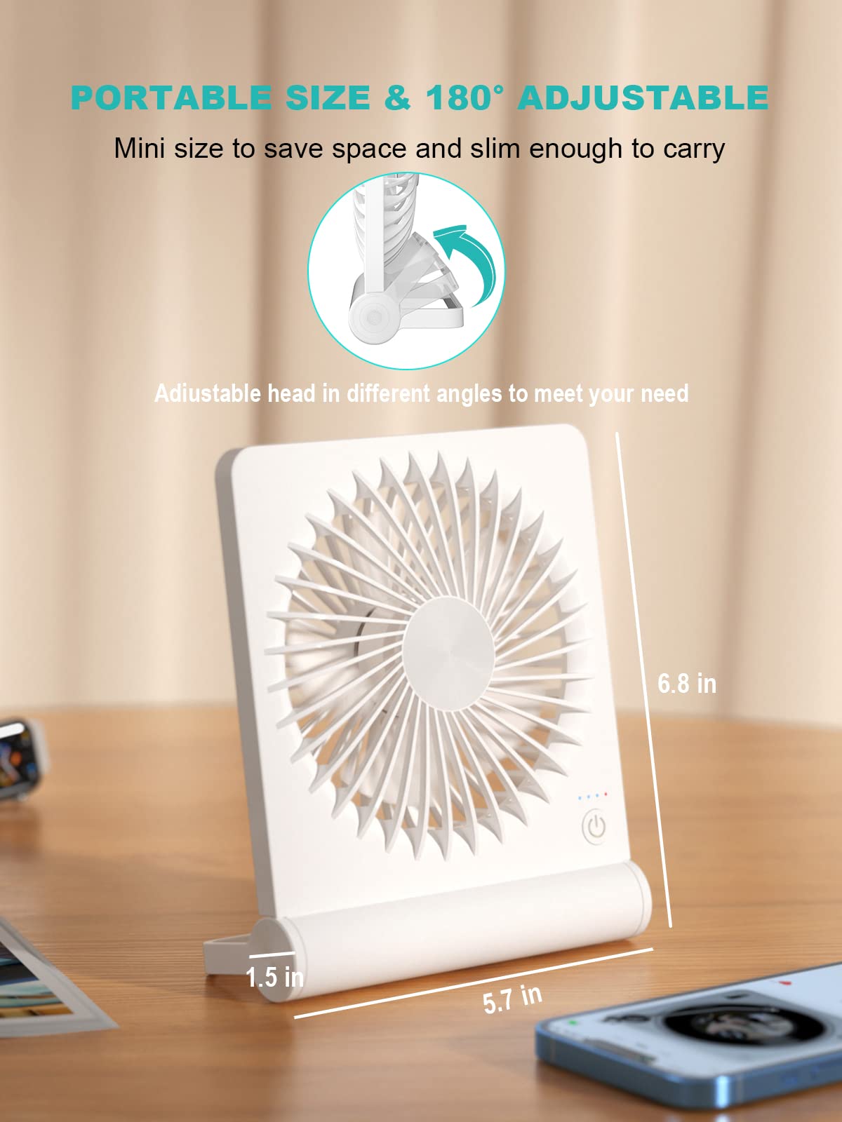 Tevelecin Small Desk Fan, 2000mAh Rechargeable USB Fan Battery Operated,3 Speeds & about 4-12 Hours Longer Working-White White