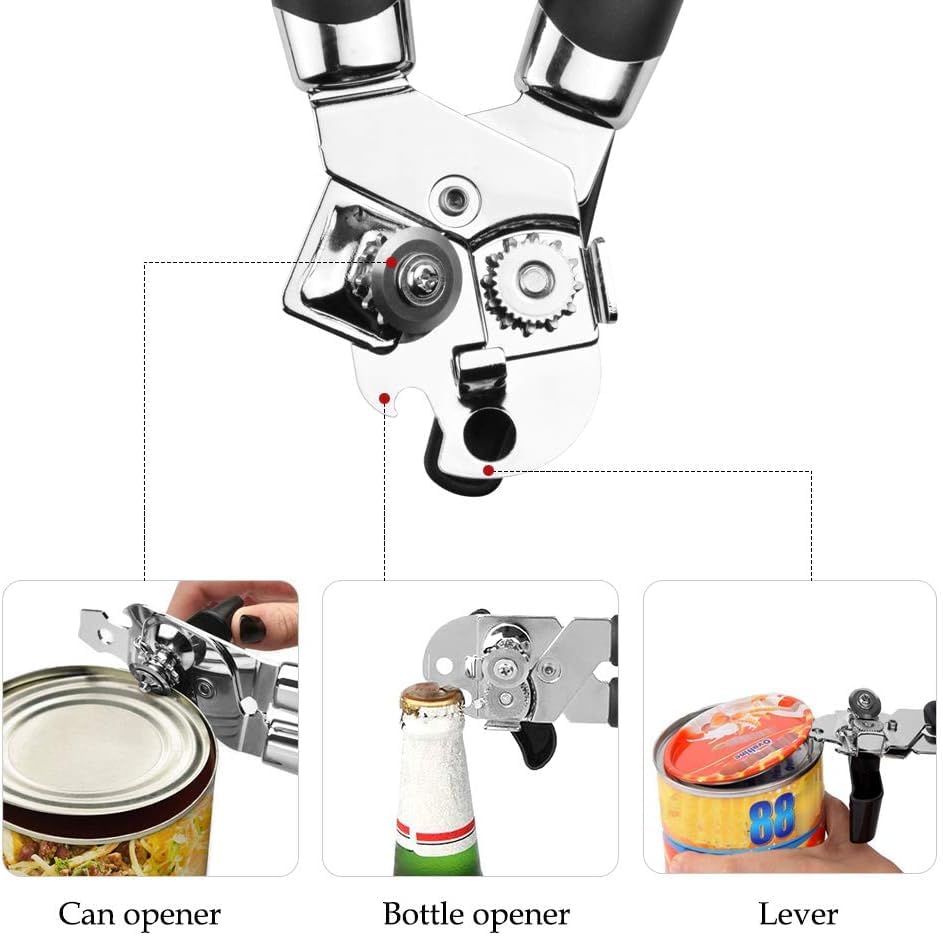 Tin Openers Can Opener 3-in-1 Stainless Steel Manual Tin Openers with Non-Slip Handle Can Openers Perfect Kitchen Tool Black