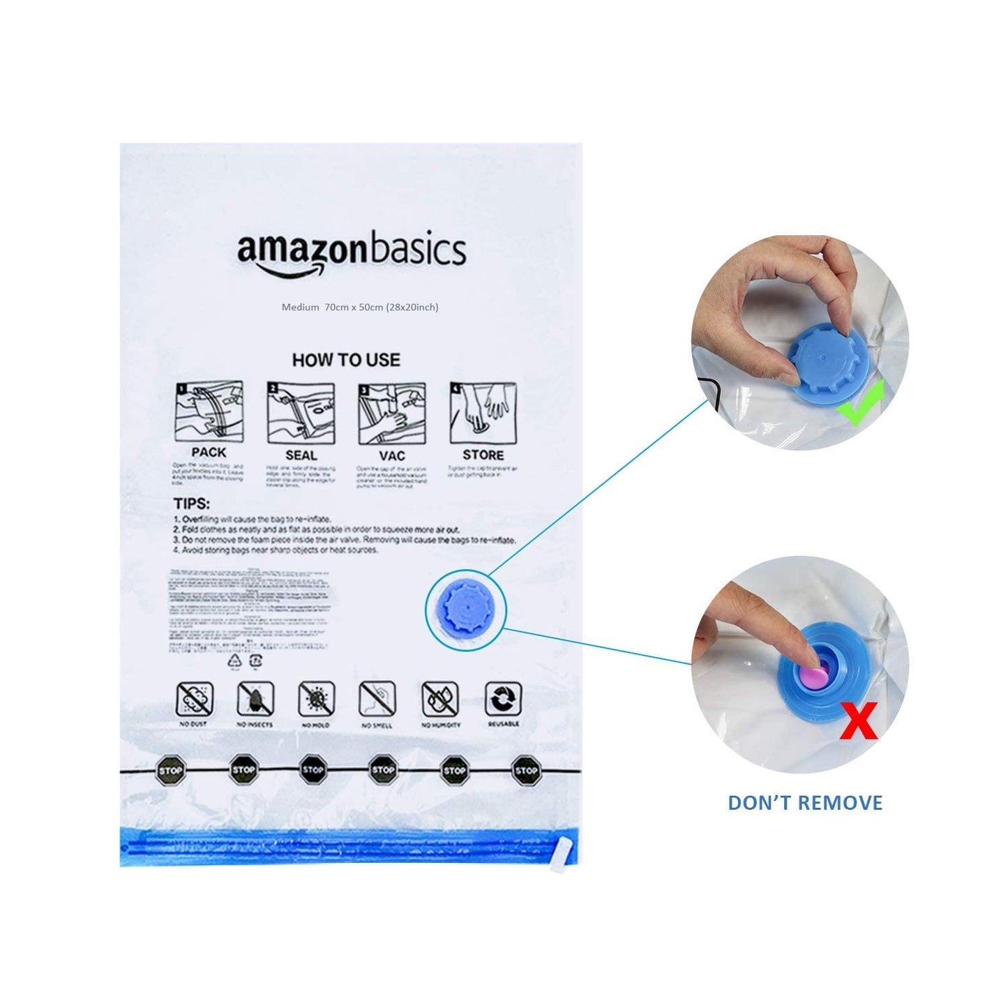 Amazon Basics Vacuum Compression Zipper Storage Bags with Airtight Valve and Hand Pump, 3x (Jumbo, Large, Medium, Small), 12-Pack, Multiple, Clear Single