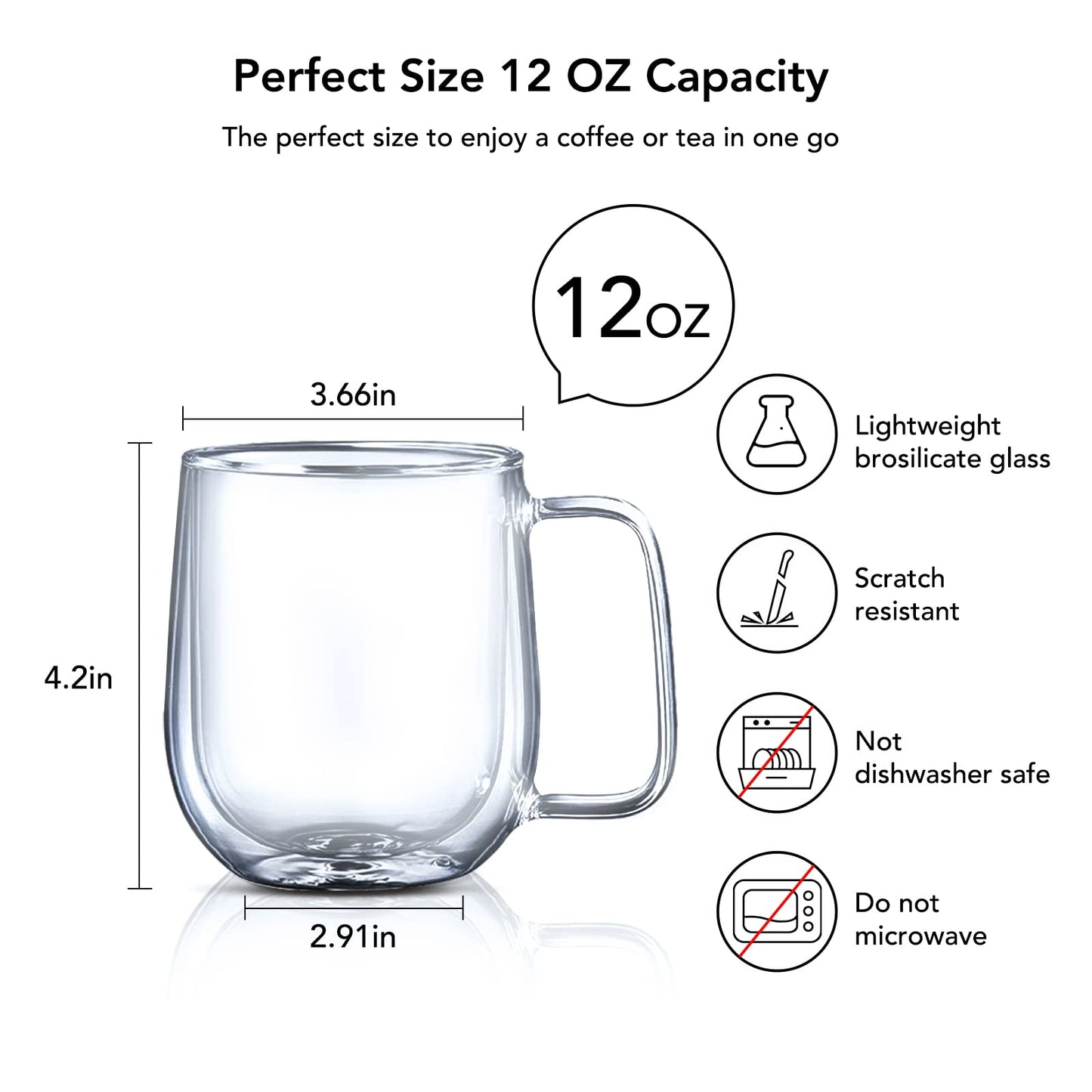 CMXING Set of 2 Double Walled Glass Coffee Mugs 300ml, Clear Insulated Glass Coffee Mugs with Handles, Hand Blown, Heat Resistant, Large Glass Cups 2 Count (Pack of 1)