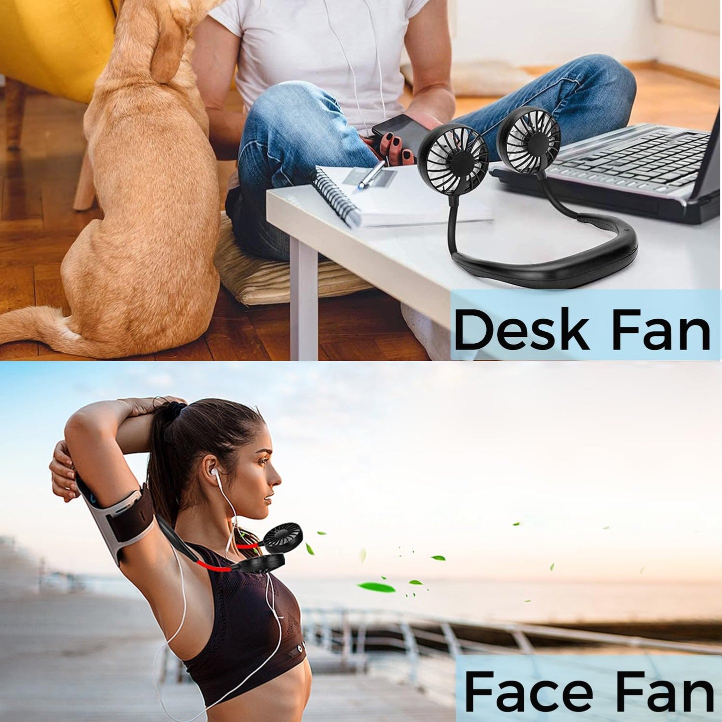 Portable Neck Fan Rechargeable Hanging Neck Fans for Women, Personal Hand Free Handy Cooling Fan Round Neck with Headphone Design, Wearable Neckband Fan for Sports Outdoor, Holiday Travel Essentials Black