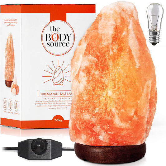 The Body Source Himalayan Salt Lamp (3-5kg) with Dimmer Switch - All Natural and Handcrafted with Wooden Base 3-5 KG