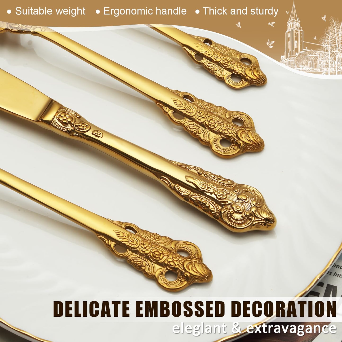 BEWOS 16 Piece Gold Palace Cutlery Set, Premium Stainless Steel Cutlery, Embossed Design Handles, Family and Banquet Knife and Fork Sets, Stunning Polished & Gift Wrapped, Dishwasher Safe 16p Palace Gold With Gift Box 16 Pieces