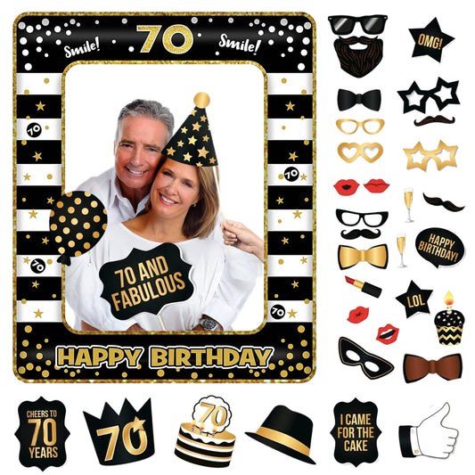 70th Birthday Decorations Girls Boys,Black Gold Inflatable Selfie Frame&34Pcs 70th Birthday Photo Booth Props,Giant Inflatable Party Photo Booth Frame for Ladies Men 70th Birthday Party Decorations Black Gold