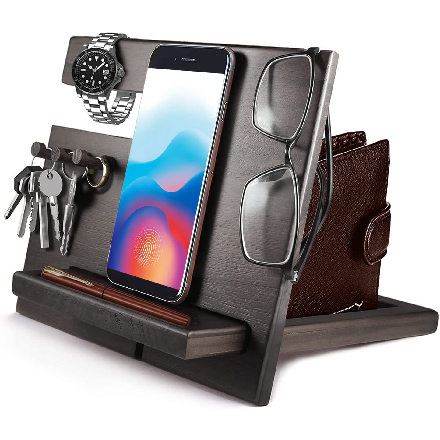 Gifts for Men Bedside Organiser for Him Birthday Gifts for Him Wooden Docking Station for Men Key Wallet Watch Wooden Organizer Gifts for Dad Anniversary Idea Valentines Gifts for Him Husband Wife Black-1