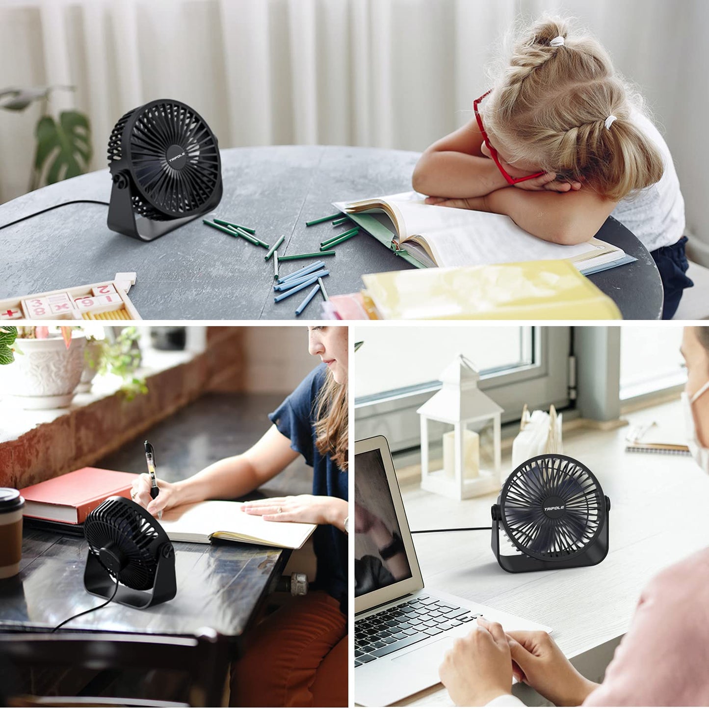 TriPole USB Desk Fan, 3 Speeds Adjustable Strong Wind Table Fan, 360° Rotation Mini Personal Fan, 5.5 Inches Portable Cooling Fan for Desktop Office Home Bedroom Car Outdoor Camping, Black