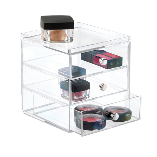 iDesign Makeup Organiser with Three Drawers, Plastic Storage Box for Makeup, Accessories, Jewelry and More, Compact Dressing Table Organiser, Clear, 1 x Mirror Stacking 3 Drawers