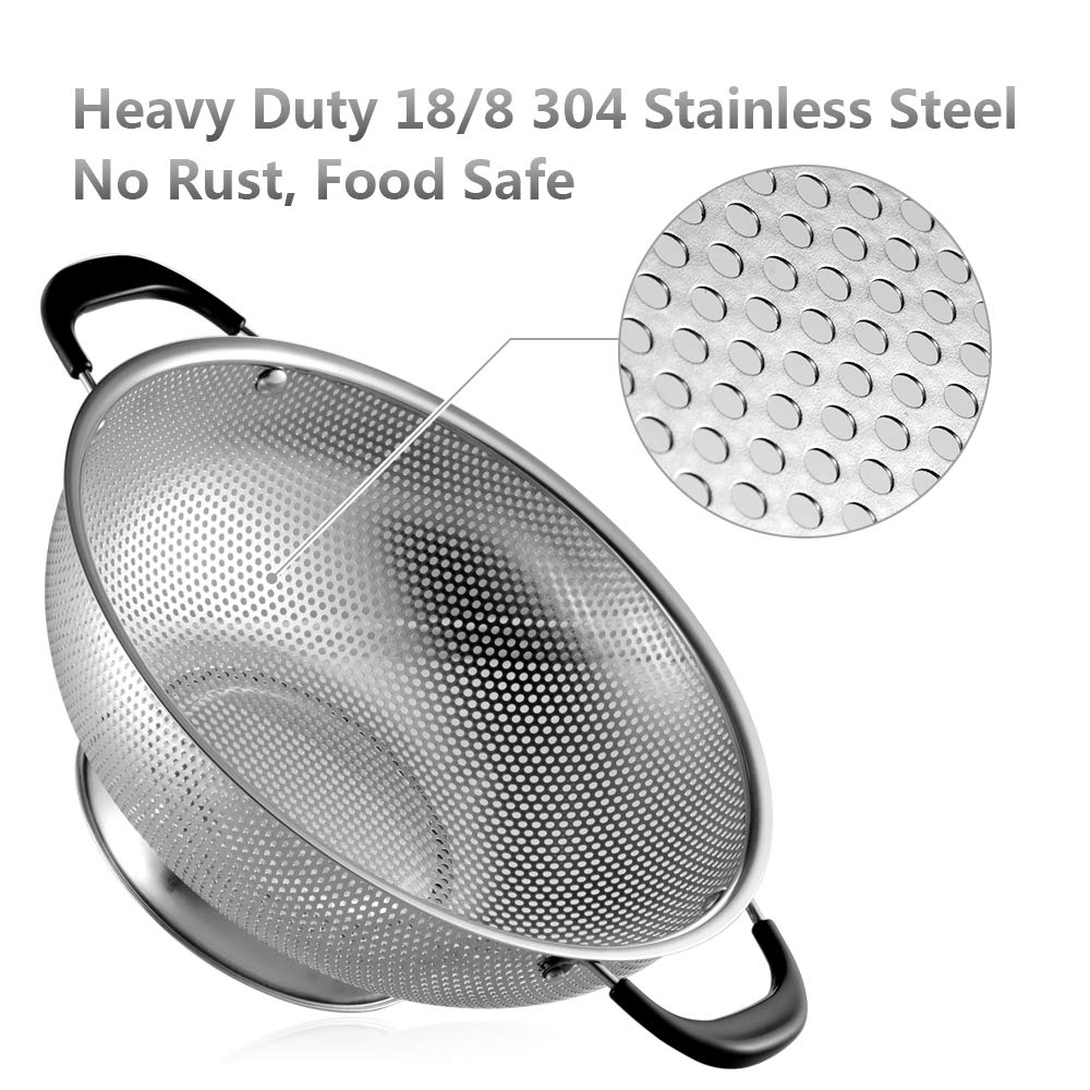 18/8 Stainless Steel Colander, Easy Grip Micro-Perforated 5-Quart Colander, Strainer with Riveted and Heat Resistant Handles, BPA Free, LFGB Approved. Great for Pasta, Noodles, Vegetables and Fruits