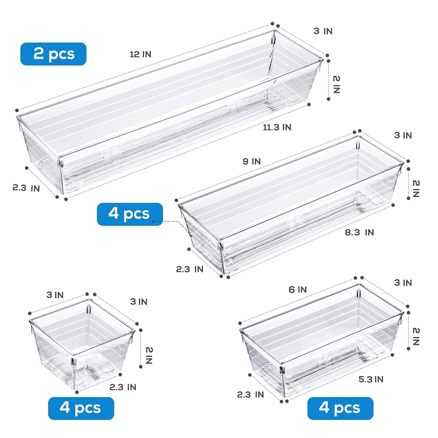 DCA 14 PCS Clear Plastic Drawer Organisers Tray for Makeup, Kitchen Utensils, Jewelries and Gadgets 14PC