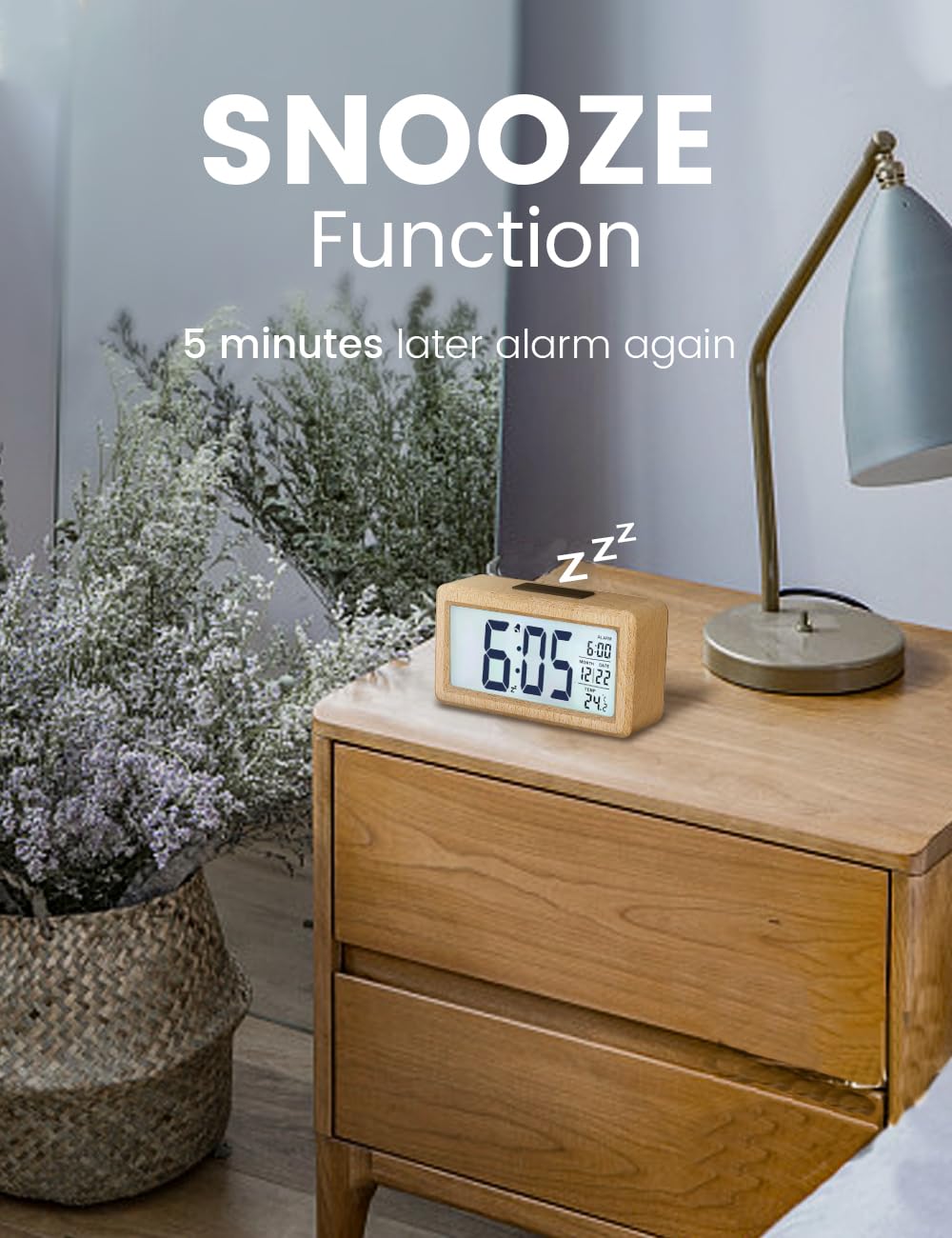 aboveClock Digital Alarm Clock, Wooden Bedside Clock with Large LCD Backlit Display, Temperature, Snooze Function, Brightness Sensor, 3 AAA Battery Operated【Battery NOT Included】 1 Beech