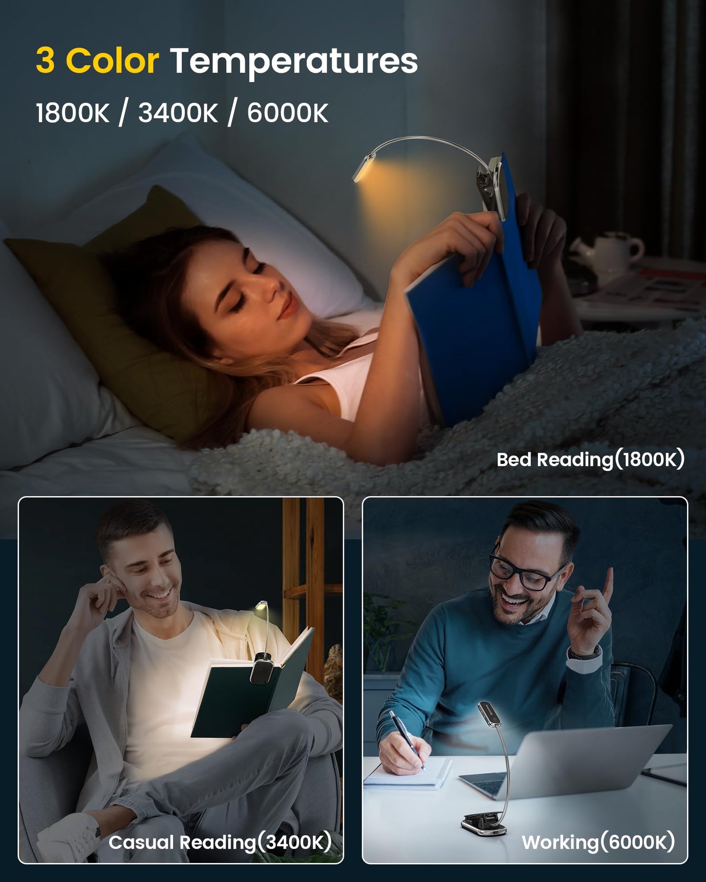 Glocusent Posh Premium Reading Light for Books in Bed with Timer, 16-LED Rechargeable Book Light Runs 160hrs, 1800K Eyecaring Clip on Reading Light, 3 Colors & 5 Brightness Levels, Perfect for Readers Black