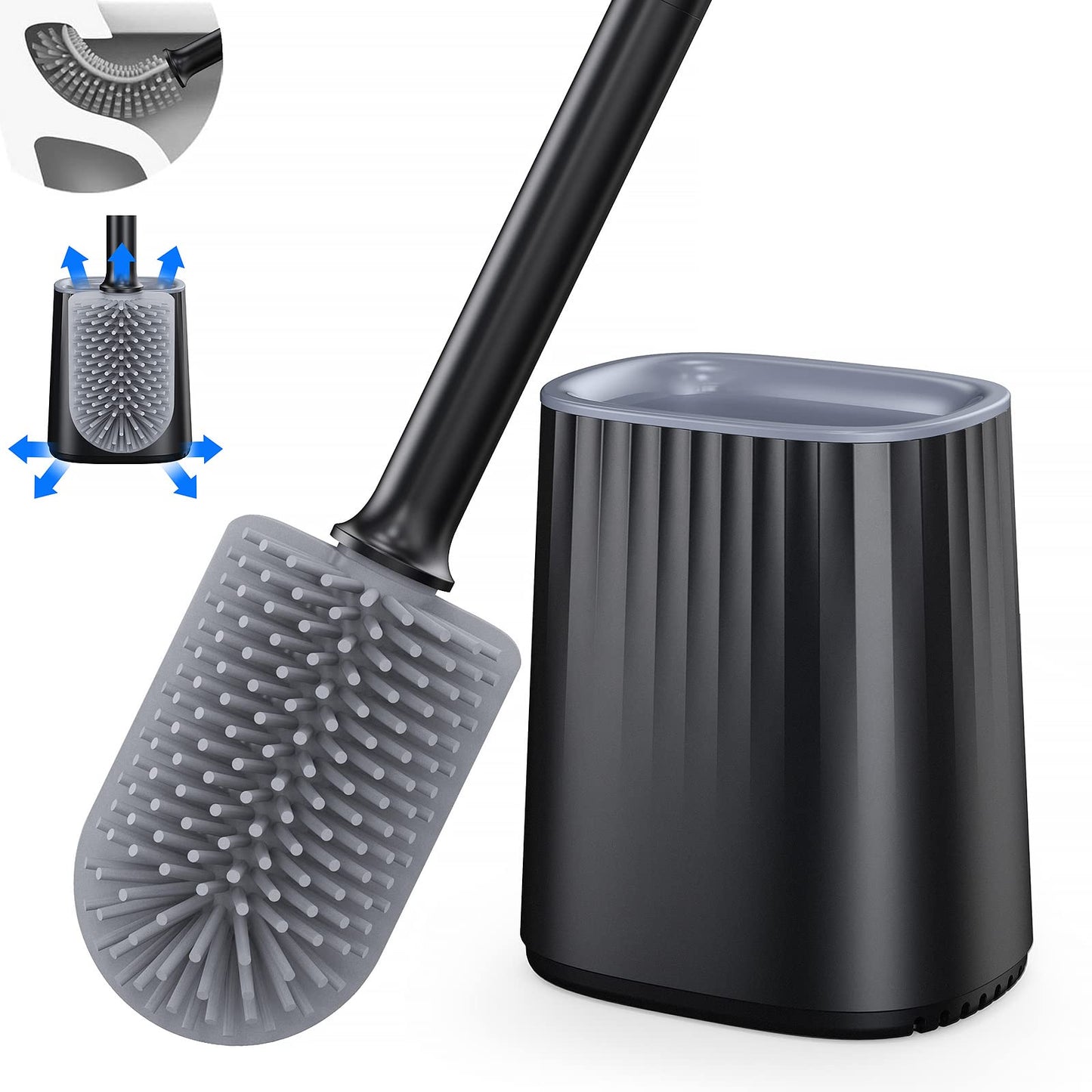 Toilet Brush, Silicone Toilet Brush with Holder Set, Dead Corner Deep Cleaning Loo Brush & Quick Drying Holder & Wall Mounted Flexible Long Handled Toilet Brushes for Bathroom Black