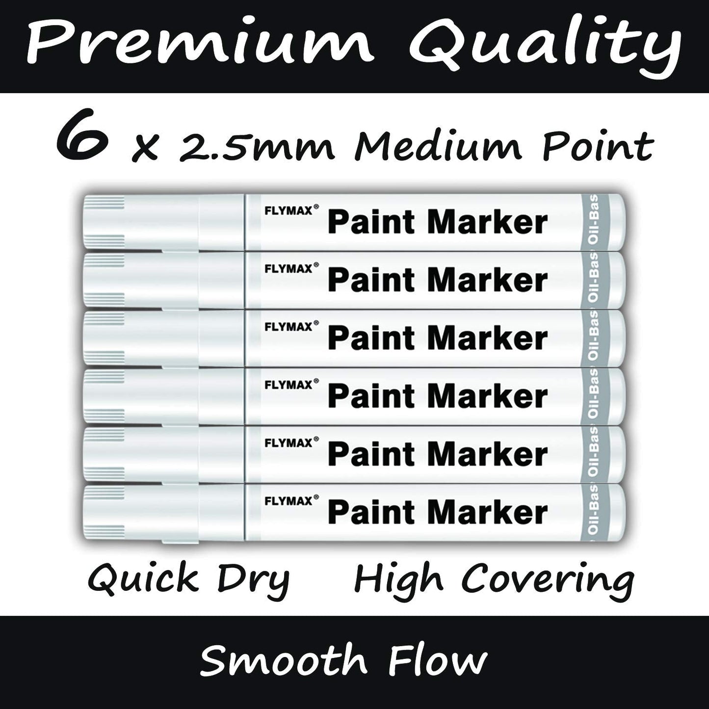 White Paint Pens, 6 Pack 2.5mm Medium Tip White Paint Marker Permanent for Wood Rock Plastic Leather Glass Stone Metal Canvas Ceramic Fabric Tire Paint Marker Oil Based