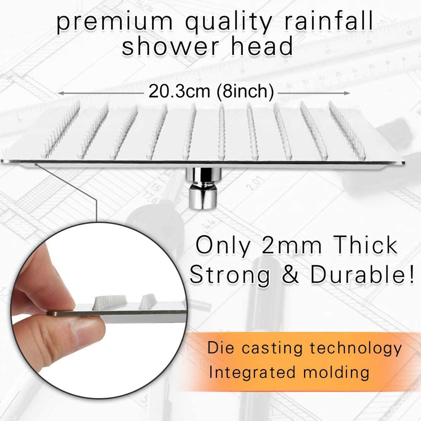 Qliver Square Rain Shower Head, 8 inch Large Top Spray Showerhead, 304 Stainless Steel Ultra Thin Powerful High-Pressure Bathroom Shower Head 8 inch Chrome Finish