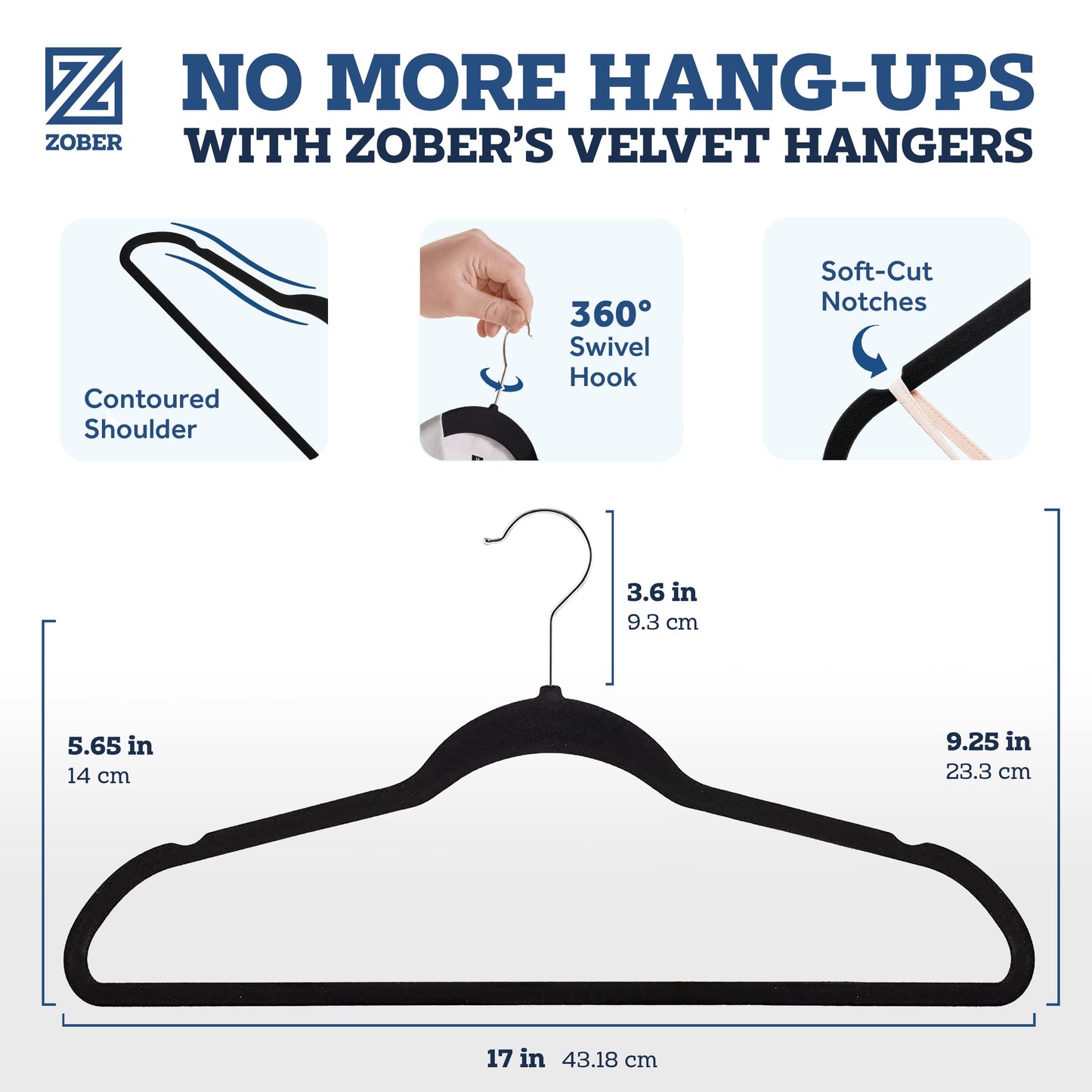 ZOBER Velvet Coat Hangers - 50-Pack, Premium, Non-Slip Hangers for Clothes - Velvet Clothes Hangers w/ 360 Degree Swivel Hook - Coat Hangers for Trousers, Dresses, and Coats - Black