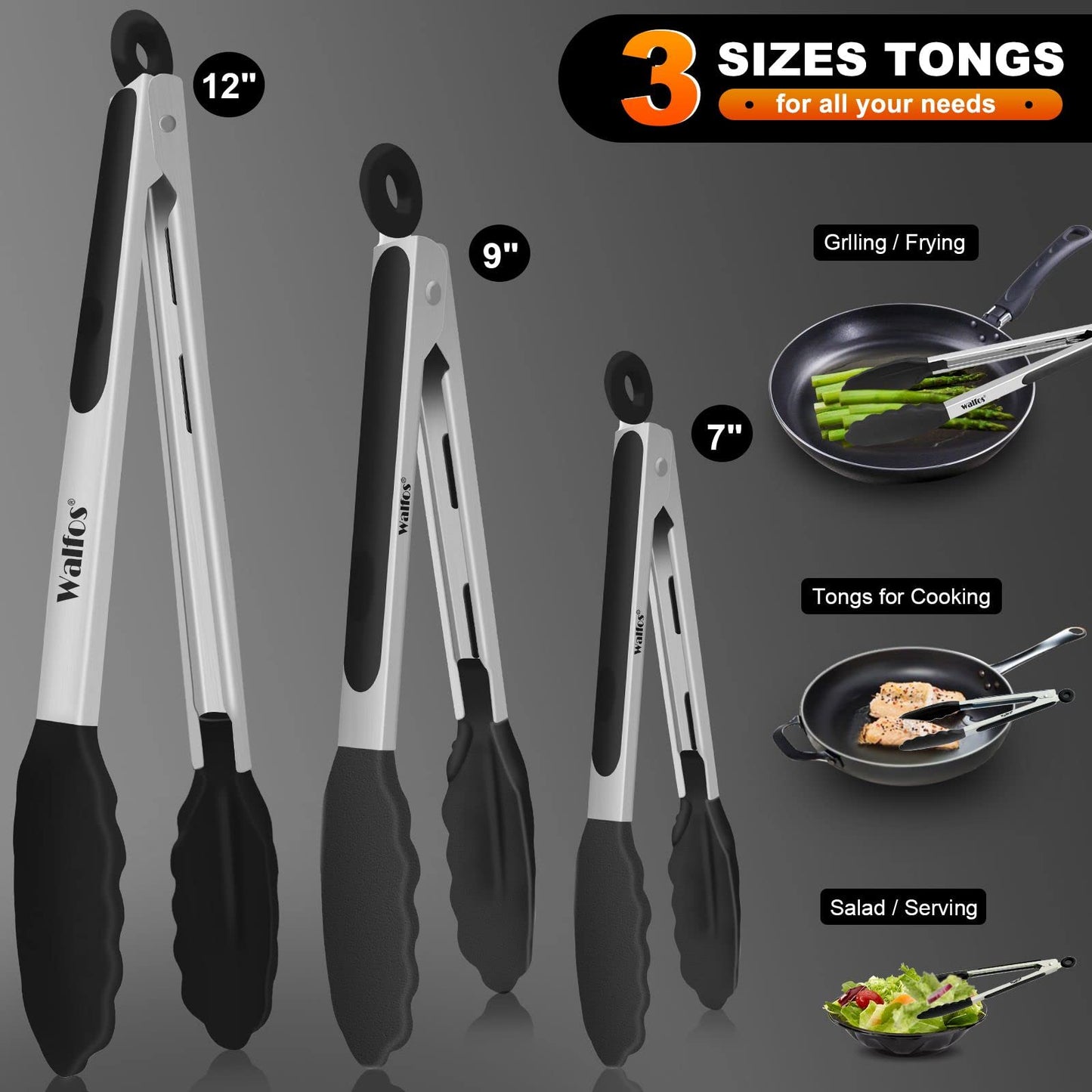 Walfos Kitchen Tongs - Heat Resistant 480℉ Silicone Tongs Set of 3, Thickened Stainless Steel and BPA Free Silicone Tips,Great for Cooking,Grilling,Turning,18cm/ 23cm/ 30cm Food Tongs (Black) 18+23+30cm Black 3pcs