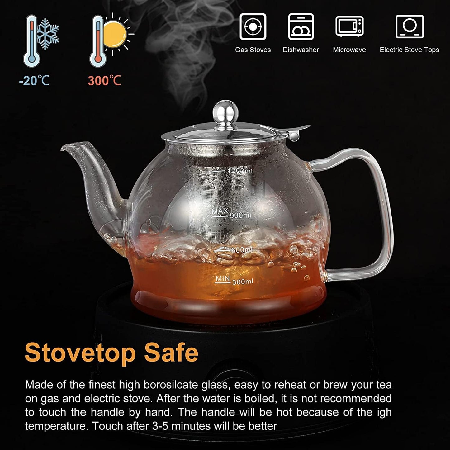 Glass Teapot, 1200ml Teapot, Tea Pot for Blooming Tea, Flowering Tea Pot Gift Set, Teapot with Infuser, Scale line Borosilicate Glass Teapot Stovetop Safe Cover Tea Brewer Guide, Teapots for 4-6 Cups