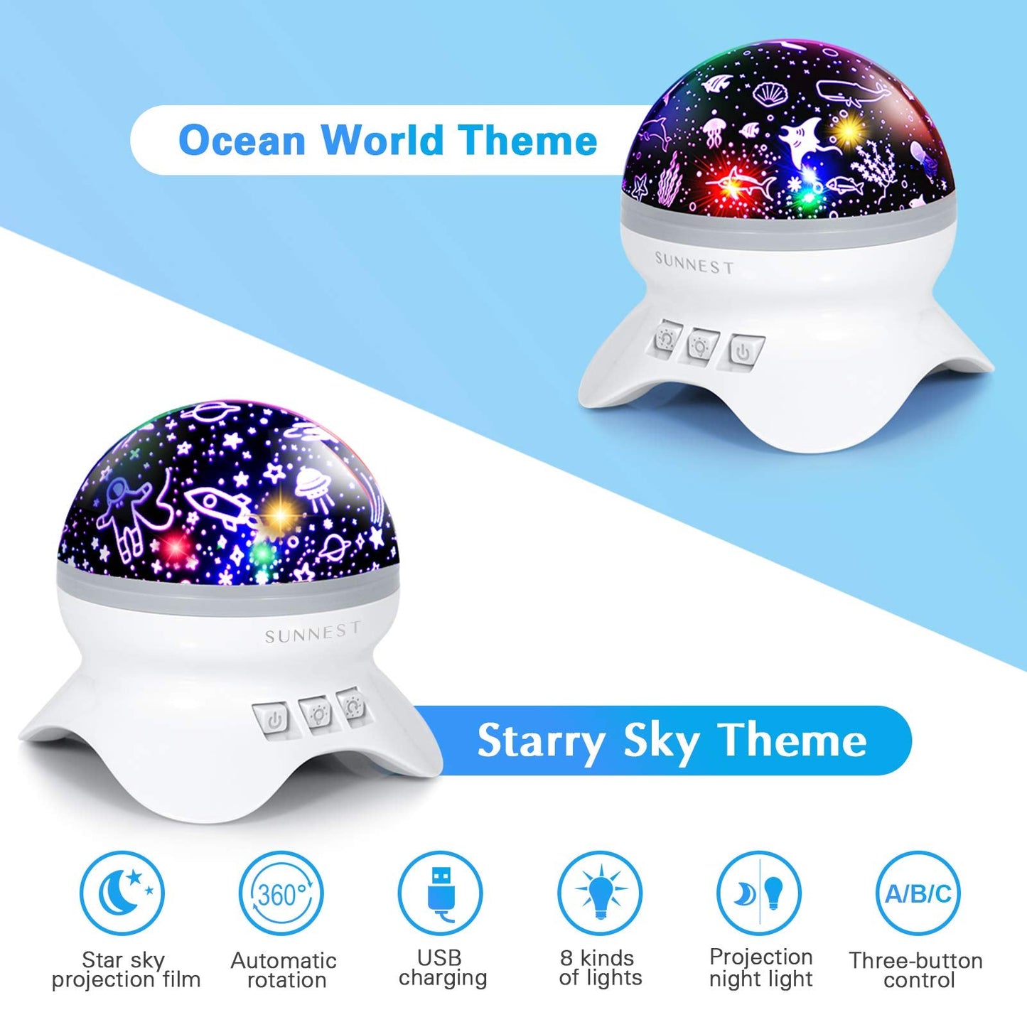 SUNNEST Baby Night Light Kids Projector, Starry Sky Lights Lamp 360 Degree Rotating Space and Ocean Themes with 8 Lighting Modes, Star Projector Gifts for Boys and Girls - White